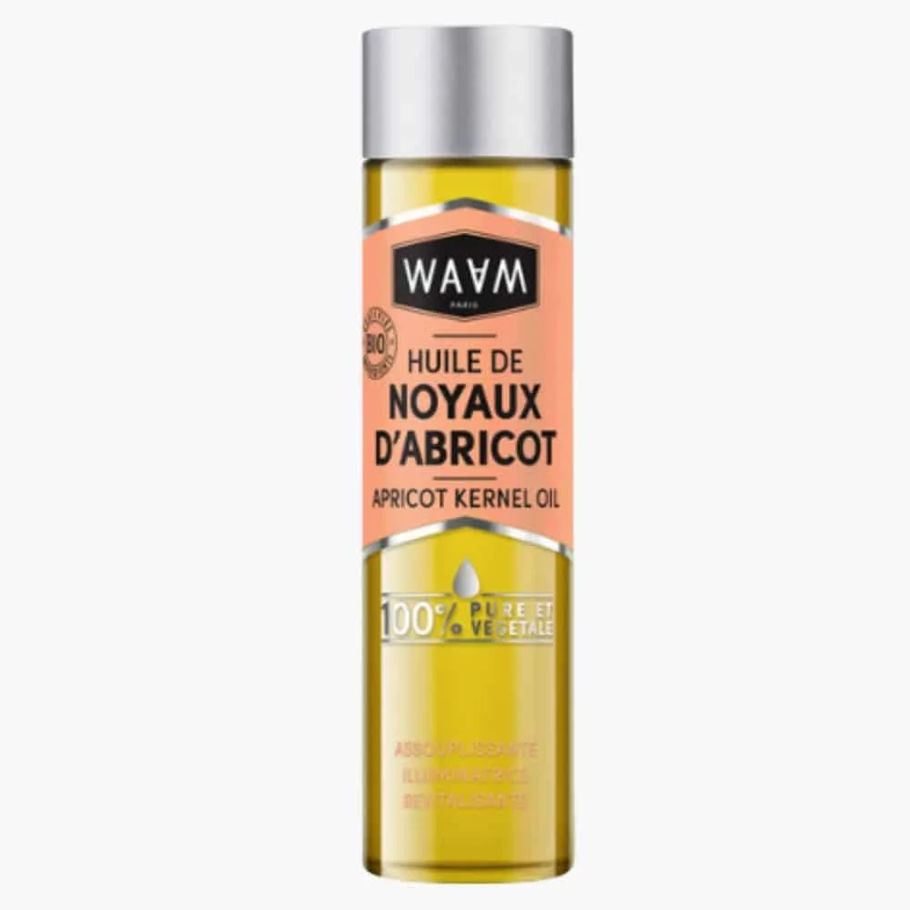 waam-huile-de-noyaux-dabricot-assouplissante-bio-75ml.jpg Flacon d'huile de noyaux d'abricot Waam bio avec étiquette pêche et capuchon argenté