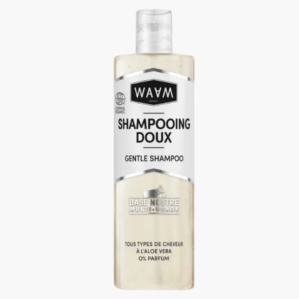 waam-shampoing-doux-base-neutre-bio-400ml.jpg Flacon transparent de shampooing doux Waam base neutre multi-usage, étiquette blanche