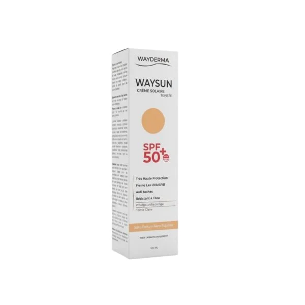 Étui de la crème solaire teintée Waysun SPF50+ de Wayderma, pastille beige