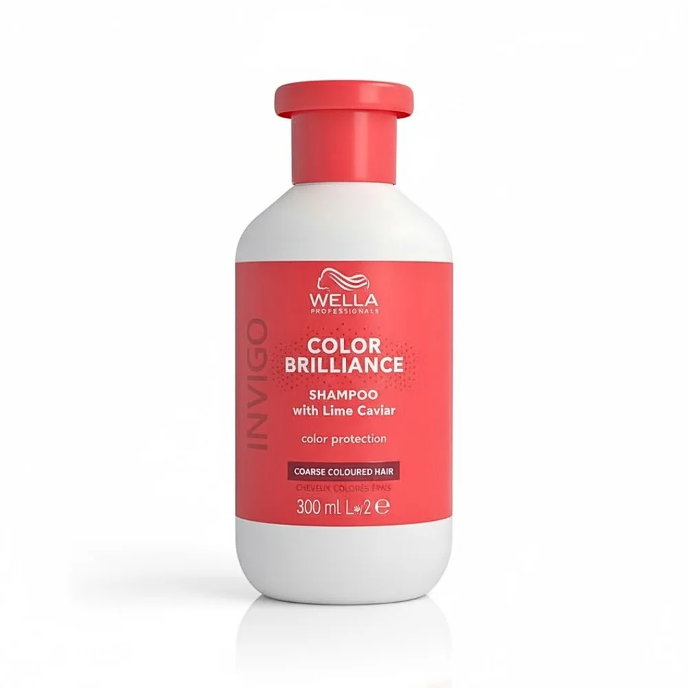 wella-color-brilliance-shampoing-coarse-300ml.jpg Flacon rouge et blanc du shampooing Wella Invigo Color Brilliance 300 ml
