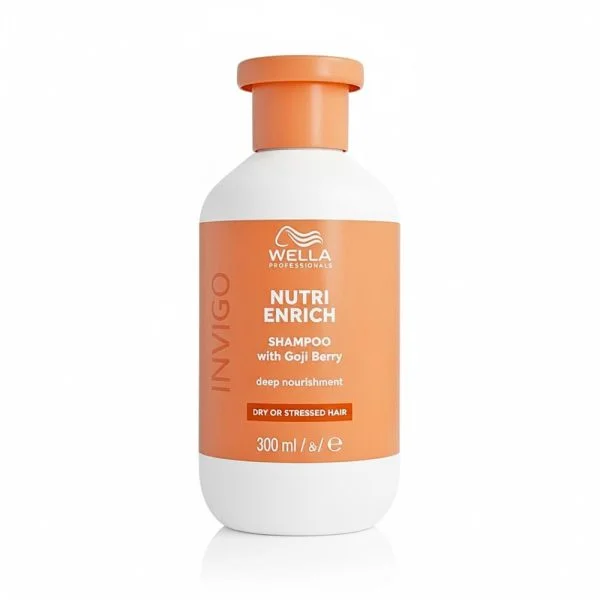 Flacon orange et blanc du shampooing Wella Invigo Nutri Enrich 300 ml