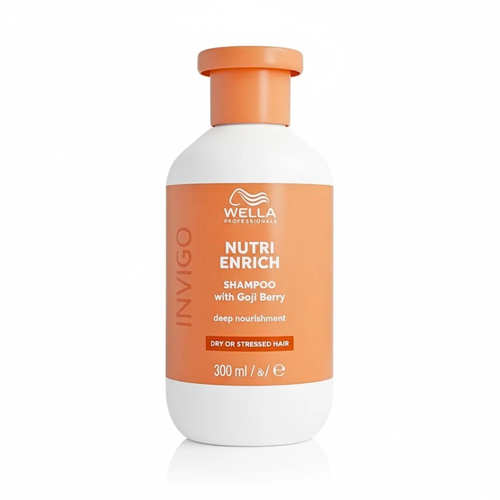 wella-nutri-enrich-shampoing-300ml.jpg Flacon orange et blanc du shampooing Wella Invigo Nutri Enrich 300 ml