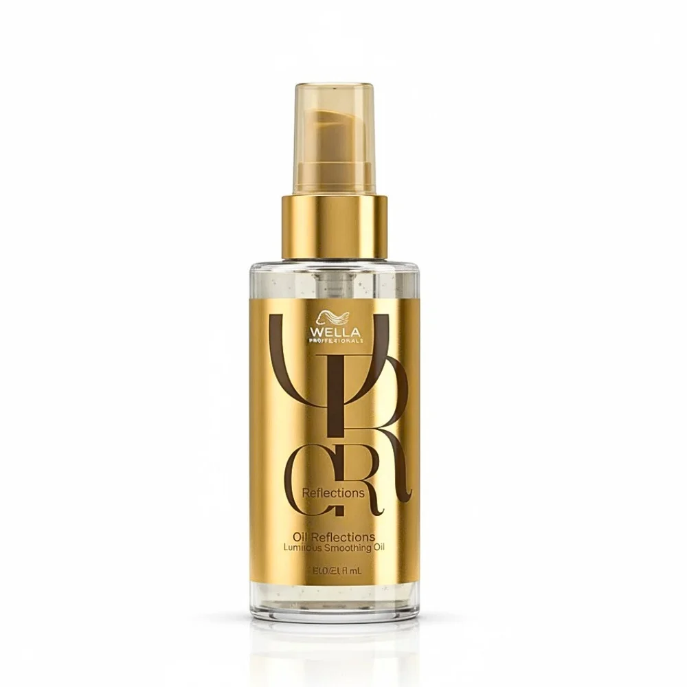 wella-oil-reflections-100ml.jpg Flacon doré de l'huile lissante Wella Oil Reflections avec pompe