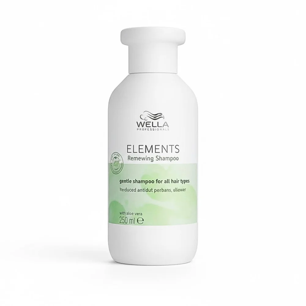 wella-pro-element-renewing-shampoing-250ml.jpg Flacon blanc à décor vert du shampooing Wella Elements Renewing 250 ml