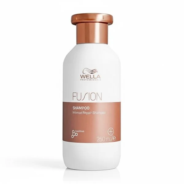 Flacon blanc de shampoing Wella Professionals Fusion 250 ml, capuchon cuivré