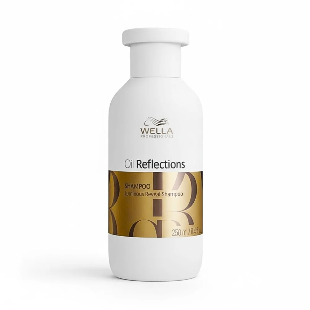 wella-pro-oil-reflection-shampoing-250ml.jpg Flacon blanc de shampoing Wella Oil Reflections 250 ml avec bandeau doré