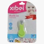 Coupe-ongles bébé Xibei vert sous blister rose et bleu avec photo de bébé