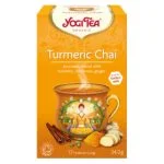 Boîte orange d'infusion Yogi Tea Turmeric Chai bio avec tasse, cannelle et gingembre