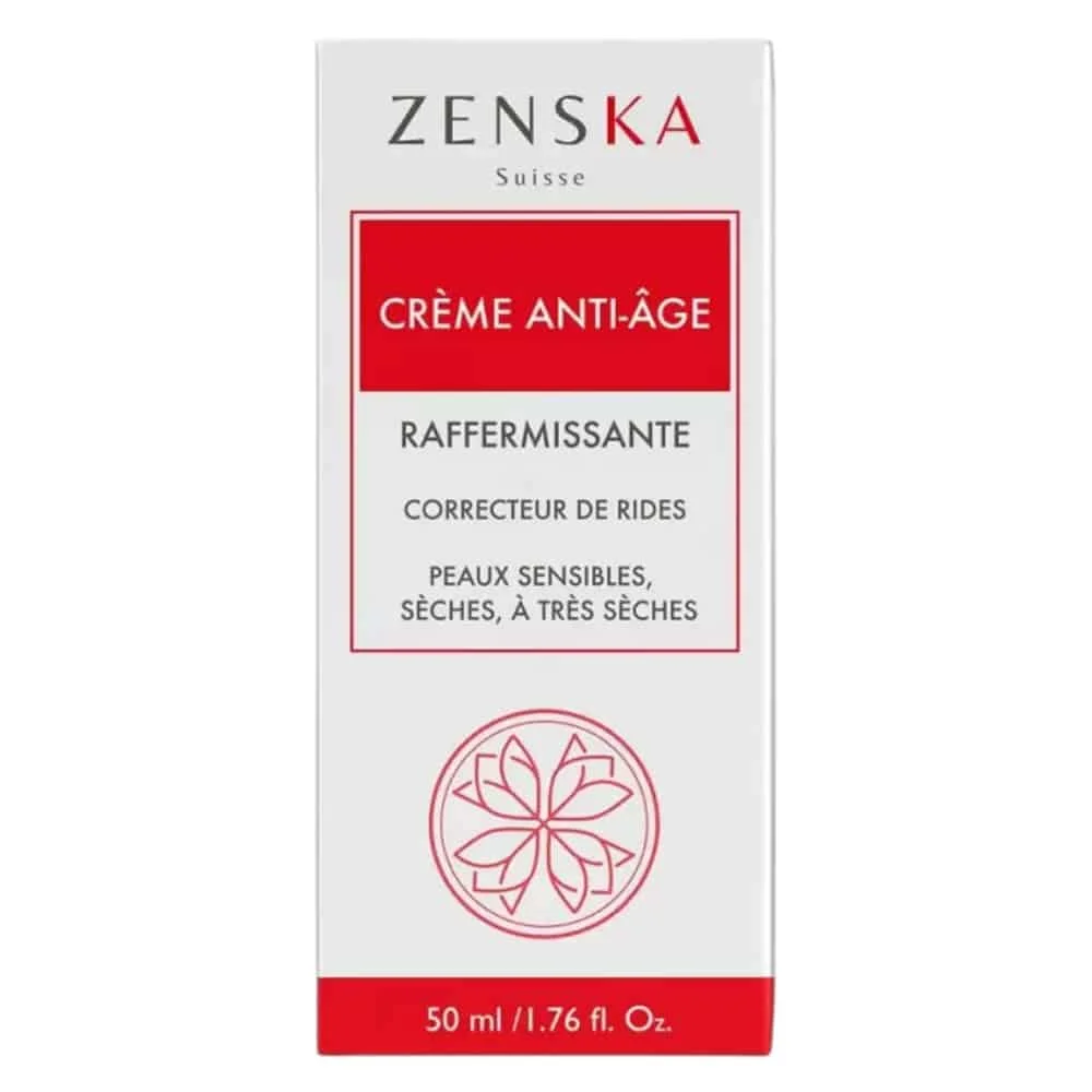 zenska-creme-anti-age-raffermissante-correcteur-de-rides-50ml.jpg Étui blanc et rouge de la crème anti-âge raffermissante Zenska 50 ml