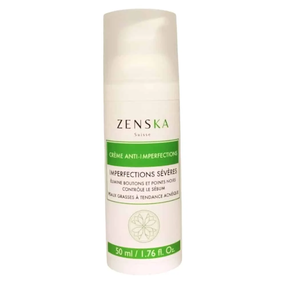 zenska-creme-anti-imperfections-severes-50ml.jpg Flacon pompe blanc de crème anti-imperfections Zenska Suisse 50 ml étiquette verte