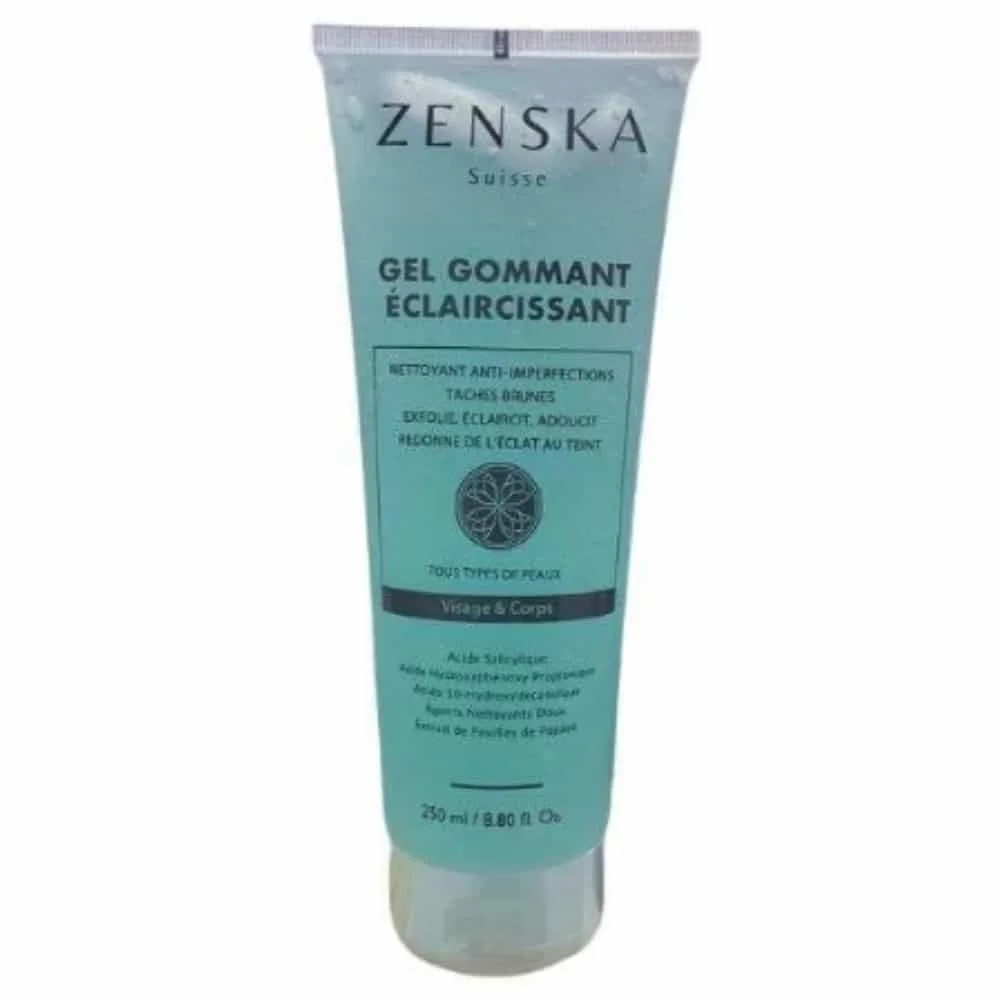 zenska-gel-gommant-eclaircissant-anti-taches-250ml.jpg Tube turquoise du gel gommant éclaircissant Zenska 250 ml visage et corps
