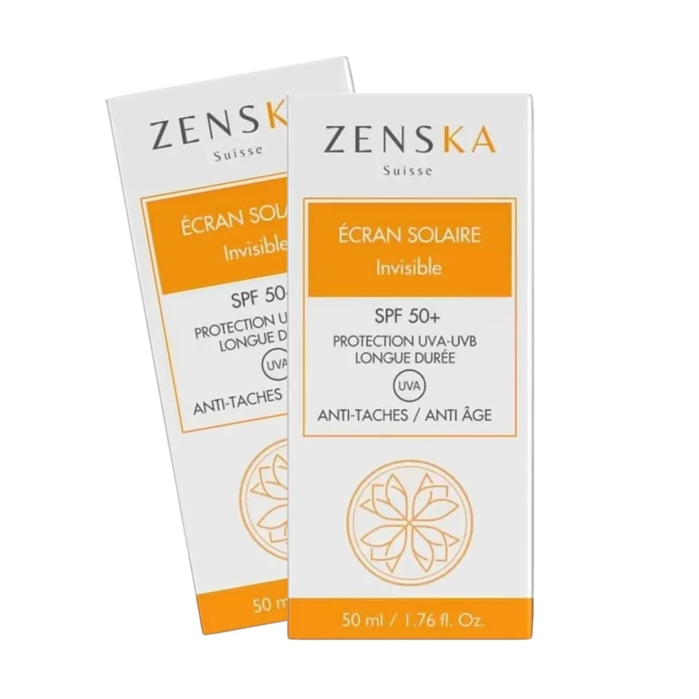zenska-pack-2-ecrans-solaires-anti-age-et-anti-taches-spf50-50ml.jpg Deux étuis blancs et orange d'écran solaire invisible Zenska SPF 50+ 50 ml