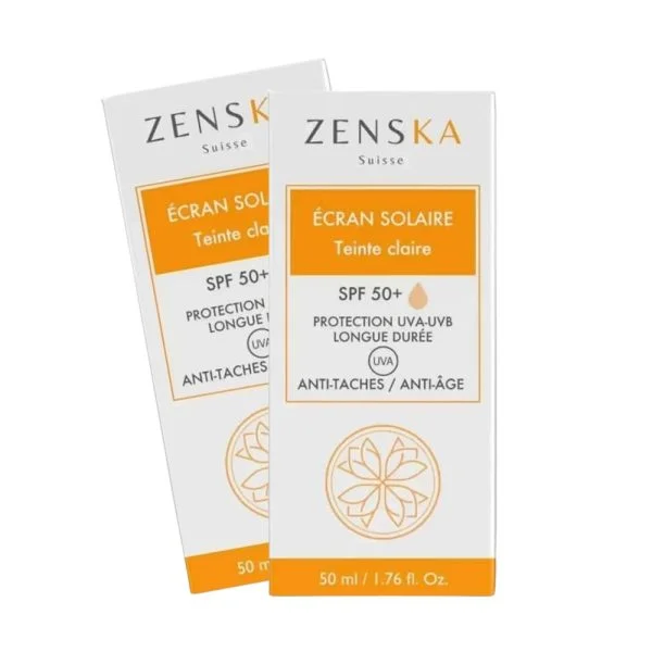 Deux étuis blancs et orange d'écran solaire Zenska teinte claire SPF 50+