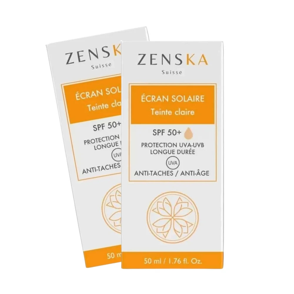 zenska-pack-2-ecrans-solaires-anti-age-et-anti-taches-teinte-claire-spf50-50ml.jpg Deux étuis blancs et orange d'écran solaire Zenska teinte claire SPF 50+