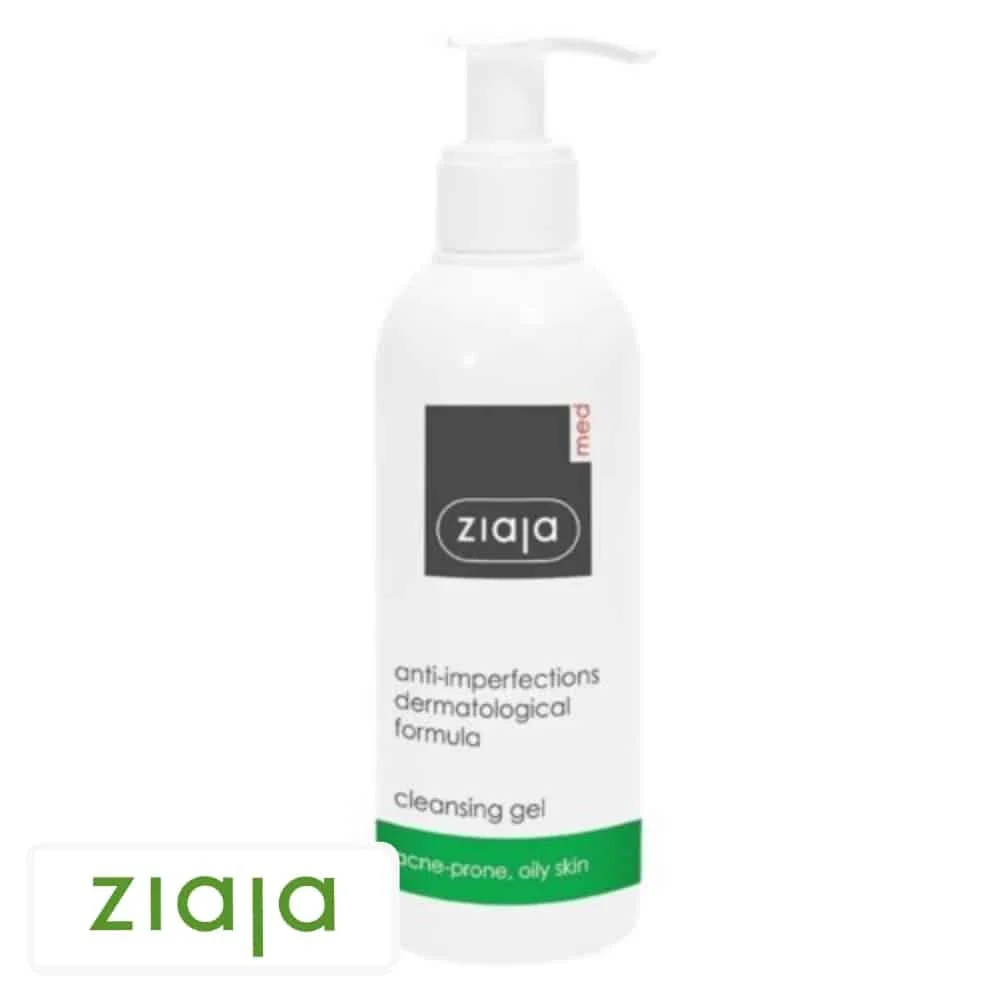 ziaja-med-gel-nettoyant-anti-imperfections-200ml.jpg Flacon pompe blanc Ziaja Med gel nettoyant bandeau vert anti-imperfections