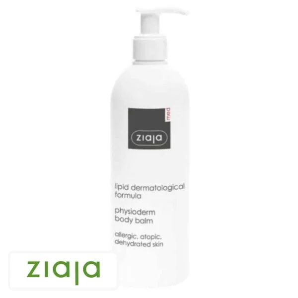 Flacon pompe blanc Ziaja Med Physioderm baume corporel étiquette noire