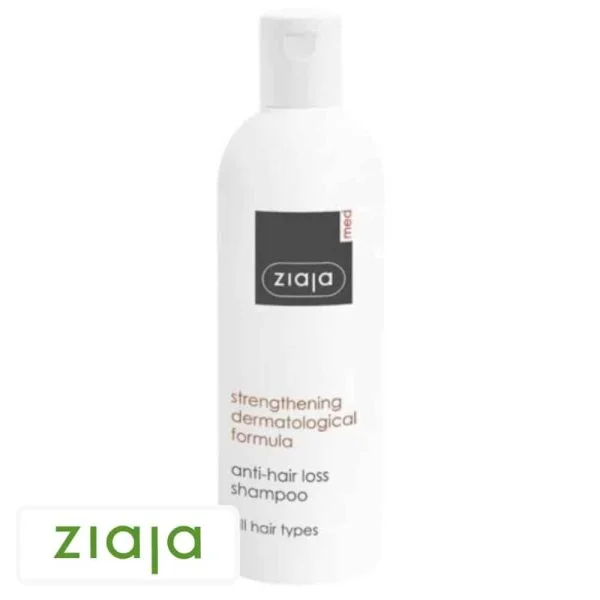 Flacon blanc Ziaja Med shampoing anti-chute lettrage beige tous cheveux