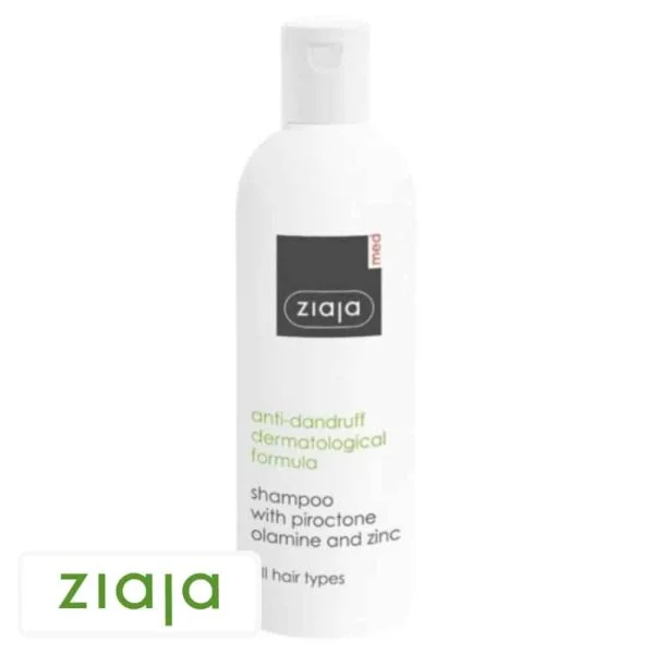 Flacon blanc Ziaja Med shampoing anti-pelliculaire lettrage vert piroctone olamine