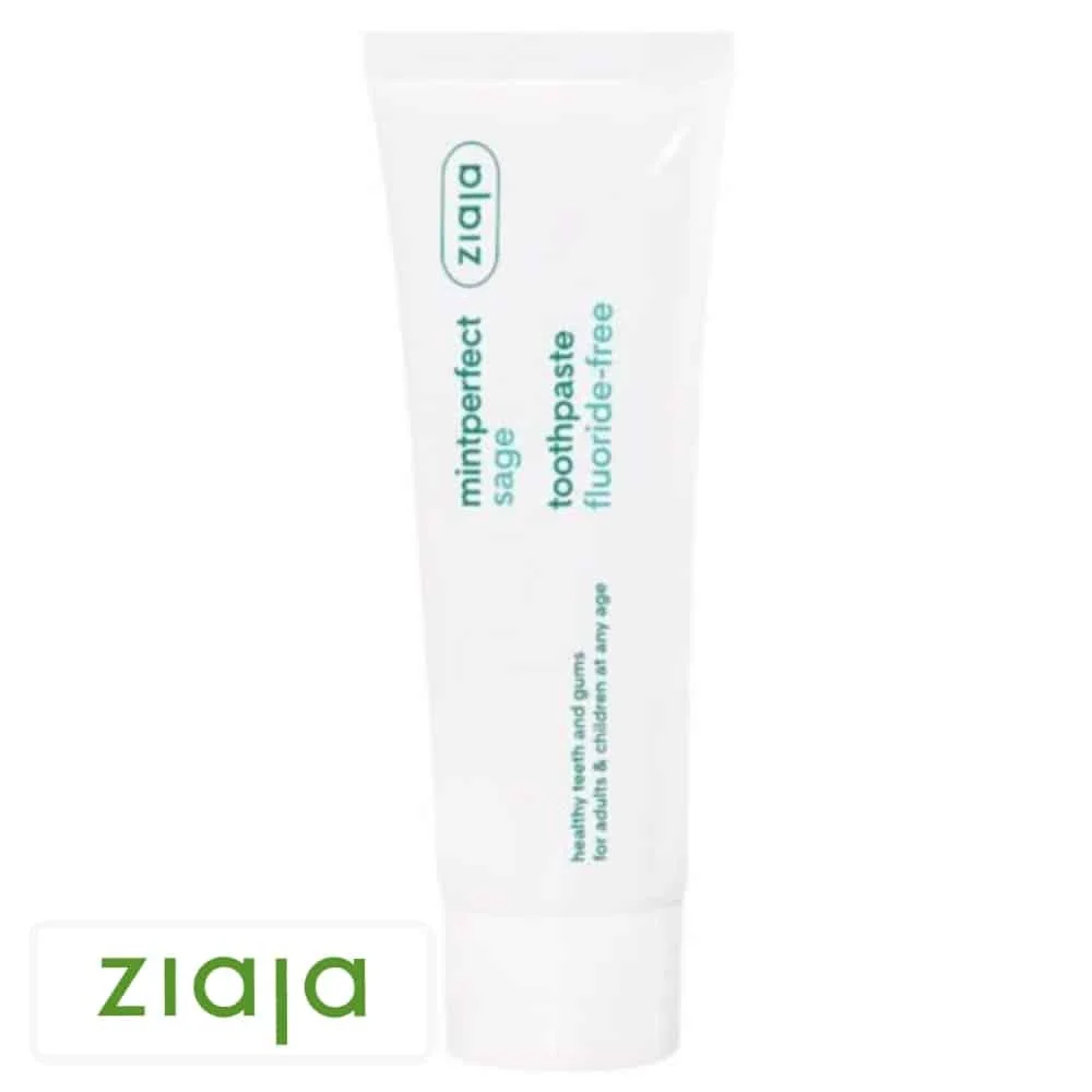ziaja-mintperfect-sage-dentifrice-sans-fluor-75ml.jpg Tube blanc Ziaja Mintperfect Sage dentifrice sans fluor sur fond blanc