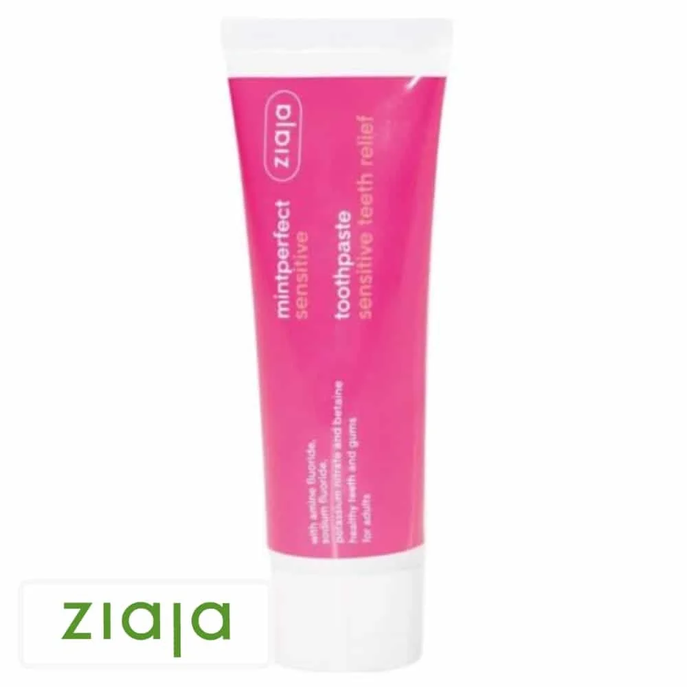 ziaja-mintperfect-sensitive-dentifrice-dents-sensibles-75ml.jpg Tube rose Ziaja Mintperfect Sensitive toothpaste, capuchon blanc, fond blanc