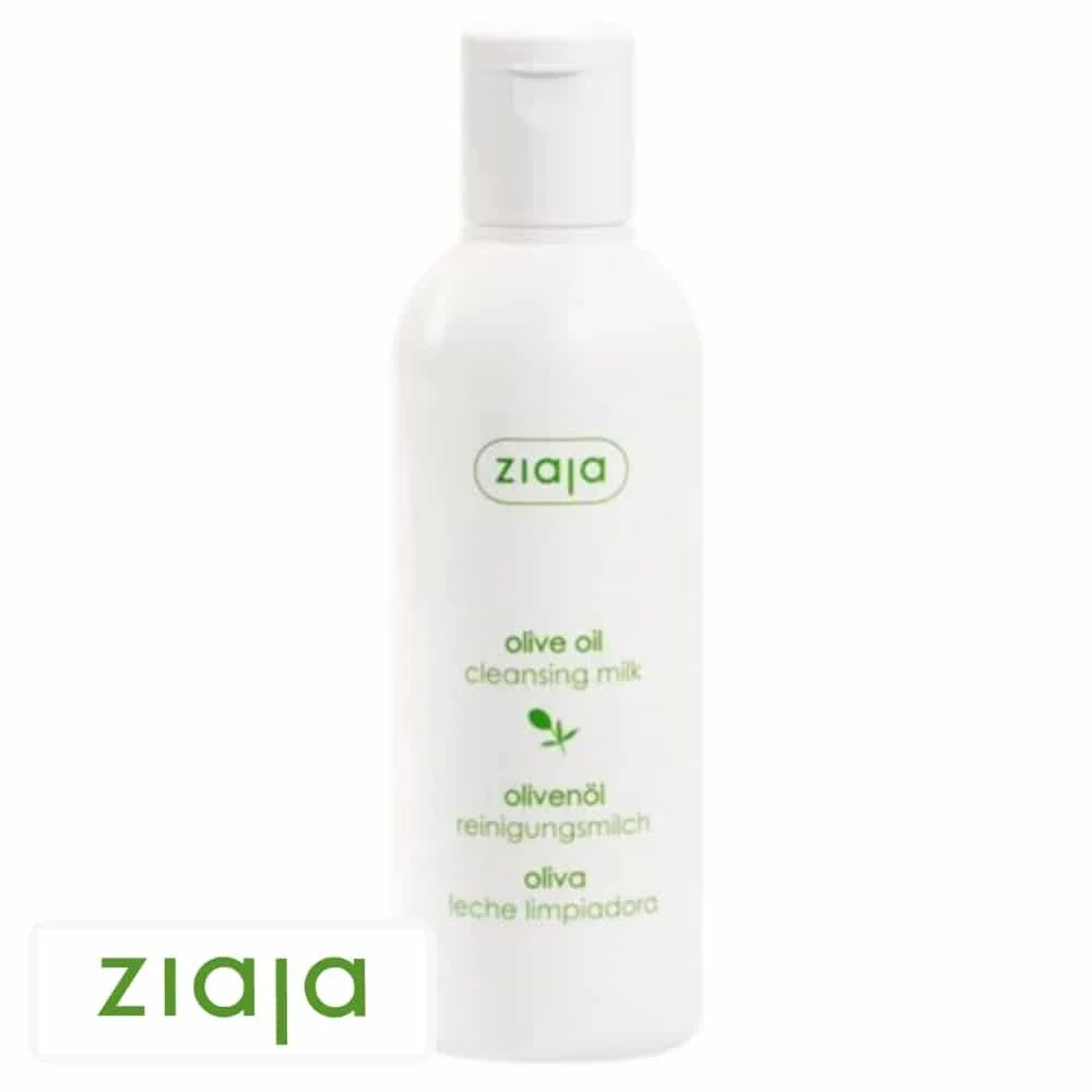 ziaja-olive-oil-lait-nettoyant-200ml.jpg Flacon blanc Ziaja Olive Oil cleansing milk, inscriptions vertes, fond blanc