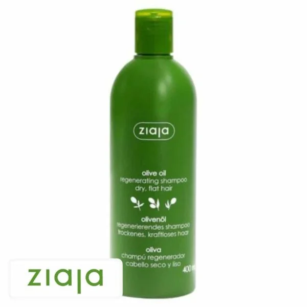 Flacon vert 400 ml de shampoing Ziaja Olive Oil régénérant, bouchon à clapet
