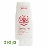 Tube blanc Ziaja Rose Butter micro-peeling visage, motif floral rouge sur fond clair