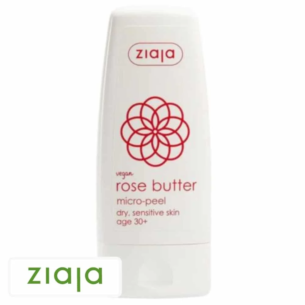 ziaja-rose-butter-micro-peeling-60ml.jpg Tube blanc Ziaja Rose Butter micro-peeling visage, motif floral rouge sur fond clair