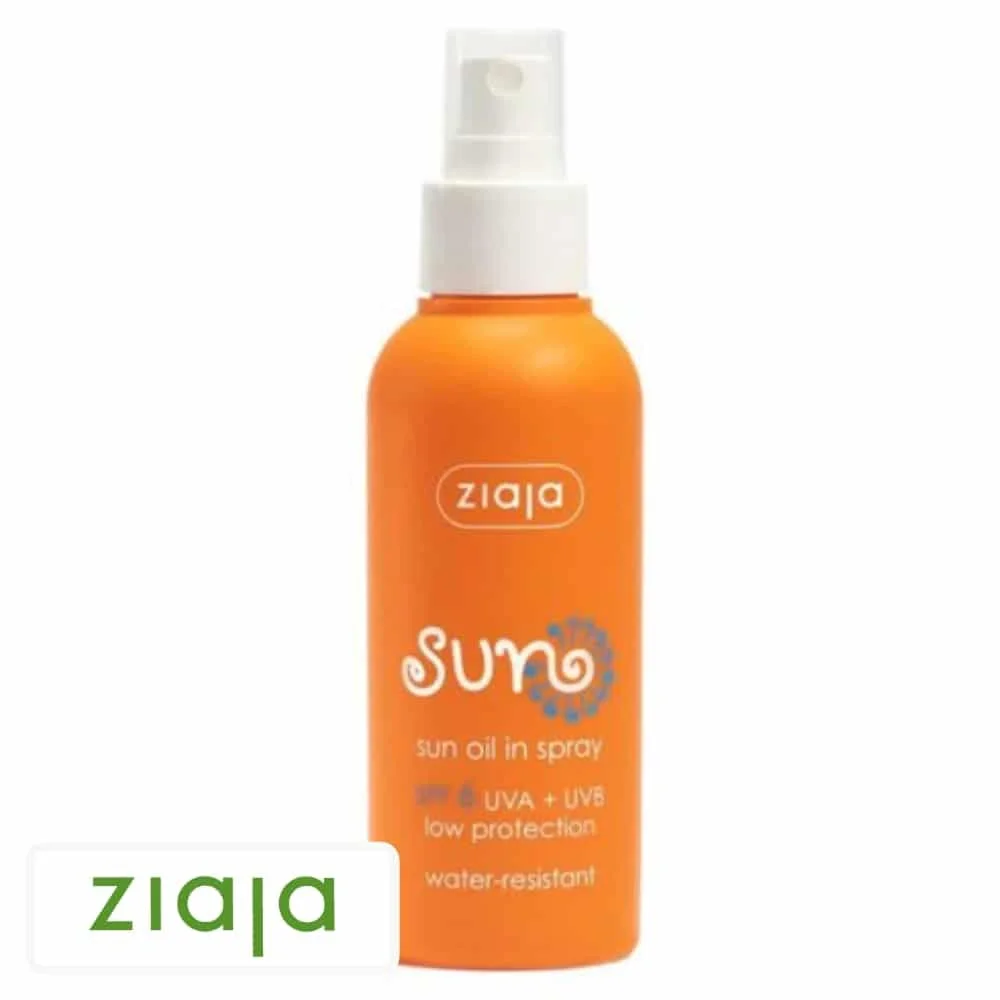 ziaja-sun-huile-en-spray-spf6-125ml.jpg Flacon orange Ziaja Sun huile en spray SPF6, pompe vaporisateur blanche