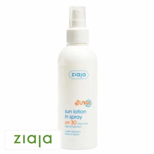 Flacon blanc Ziaja Sun lotion solaire en spray SPF30, pompe et capuchon transparent