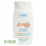Flacon blanc Ziaja Sun lotion solaire enfants SPF50+, soleil orange imprimé