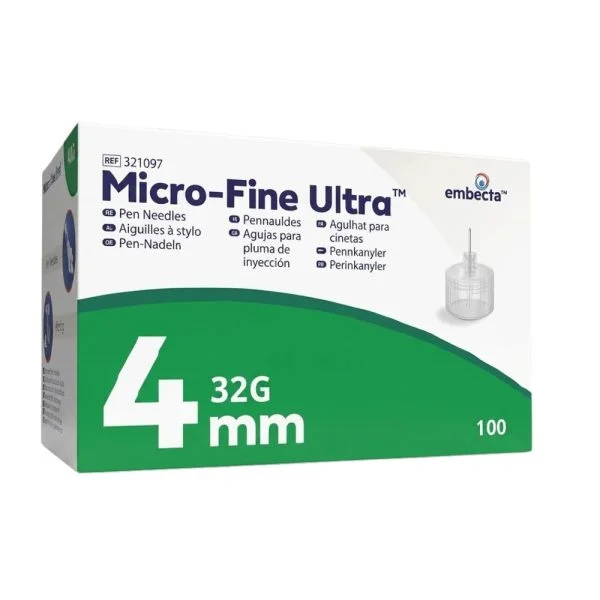 Boîte verte et blanche Embecta Micro-Fine Ultra, aiguilles stylo 32G 4 mm