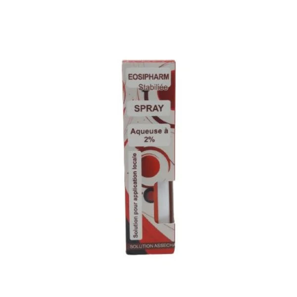 Étui rouge et blanc Eosipharm, spray solution aqueuse à 2 %