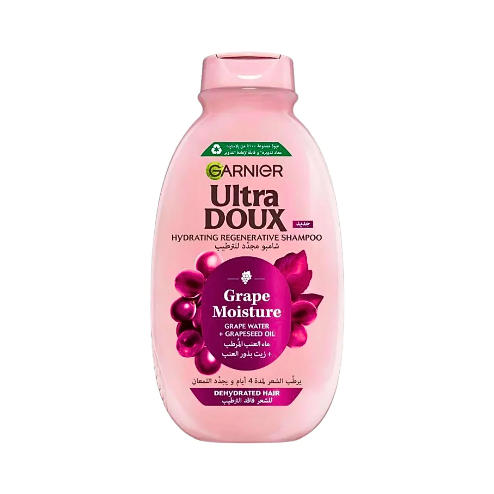 garnier-ultra-doux-grape-moisture-shampoing-400ml.jpg Flacon rose Garnier Ultra Doux shampooing Grape Moisture 400 ml raisin