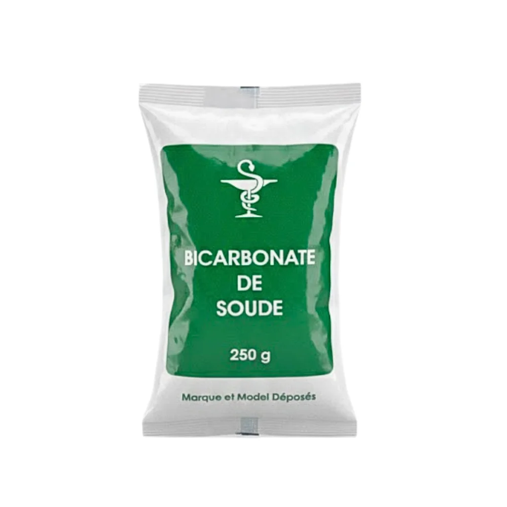 generique-bicarbonate-de-soude-gm-250g-sachet.jpg Sachet vert et blanc de bicarbonate de soude 250 g