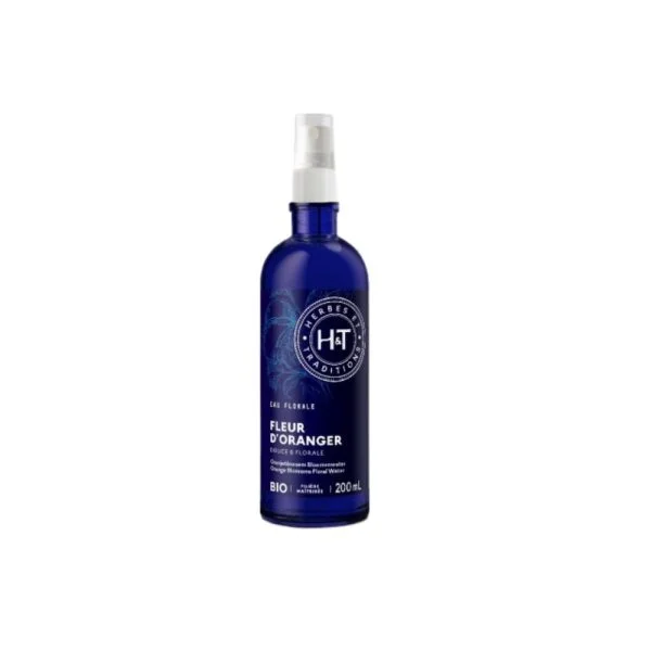 Flacon vaporisateur bleu foncé Eau Florale Fleur d'Oranger Herbes et Traditions, 200 ml bio.