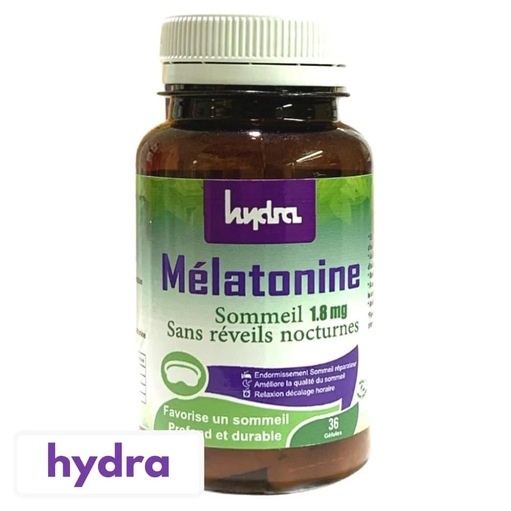 hydra-plus-melatonine-18mg-36-gelules.jpg Flacon ambré étiquette verte Hydra Mélatonine sommeil 36 gélules