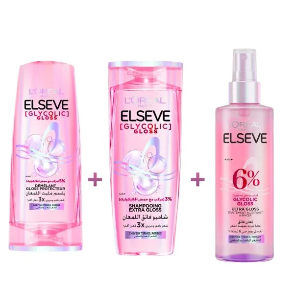 Démêlant, shampooing et spray Ultra Gloss Elseve Glycolic Gloss roses