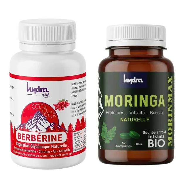 Flacons Hydra Berbérine et Moringa Morinmax 60 comprimés côte à côte