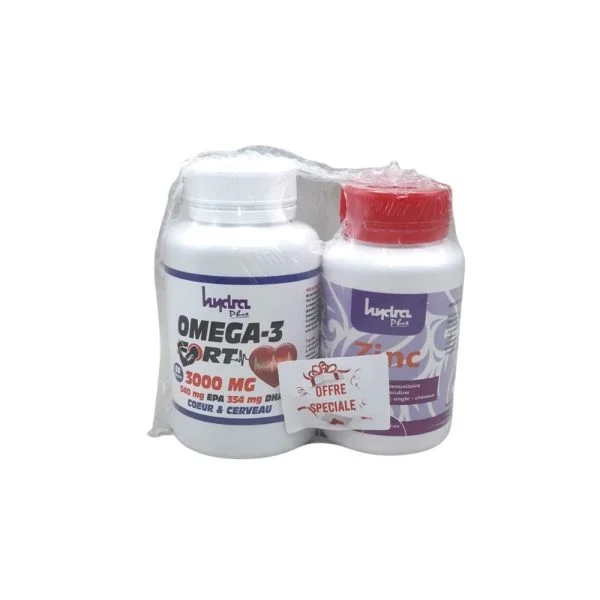 Pack Hydra Plus Oméga-3 Fort 3000 mg et flacon de zinc sous film