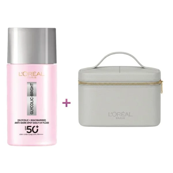 Flacon rose du fluide UV Glycolic-Bright SPF50+ L'Oréal Paris et trousse grise