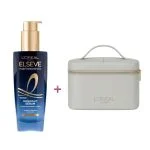 Flacon bleu Elseve Midnight Sérum Huile Extraordinaire et trousse grise L'Oréal Paris