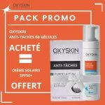 Boîte Oxyskin Anti-Taches 60 gélules et flacon de crème solaire SPF50+