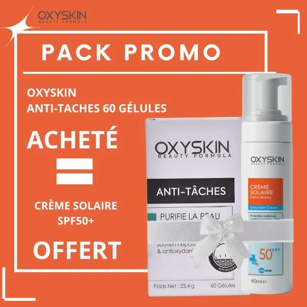 Boîte Oxyskin Anti-Taches 60 gélules et flacon de crème solaire SPF50+
