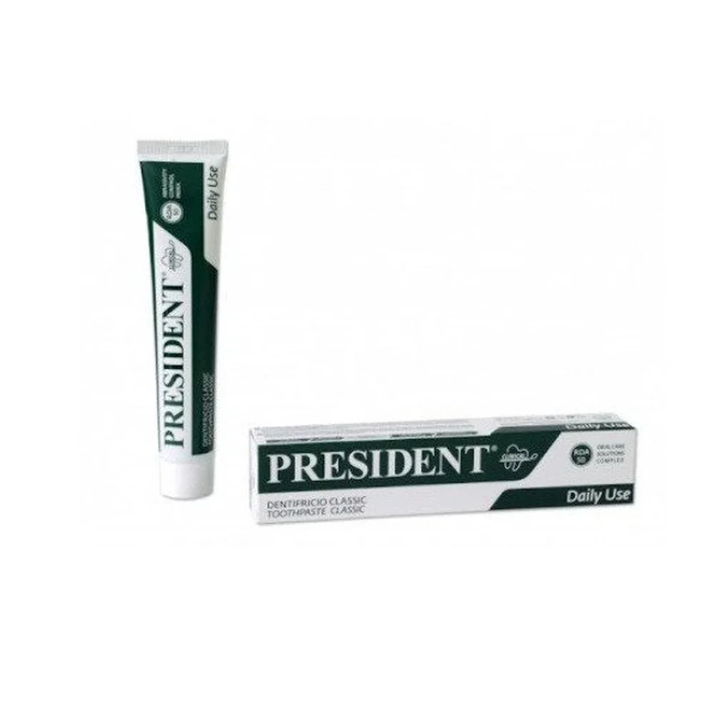 president-dentifrice-classic-50ml.jpg Tube et étui vert foncé du dentifrice President Classic Daily Use
