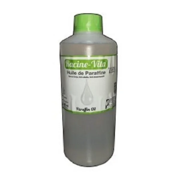 Grand flacon transparent huile de paraffine Racine-Vita 1 litre étiquette verte