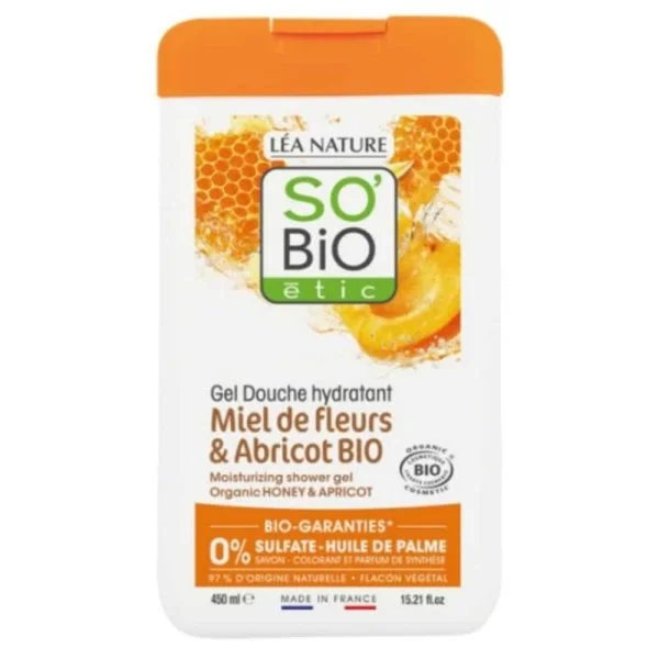 Flacon blanc et orange So'Bio étic Gel Douche Miel Fleurs Abricot, 450 ml