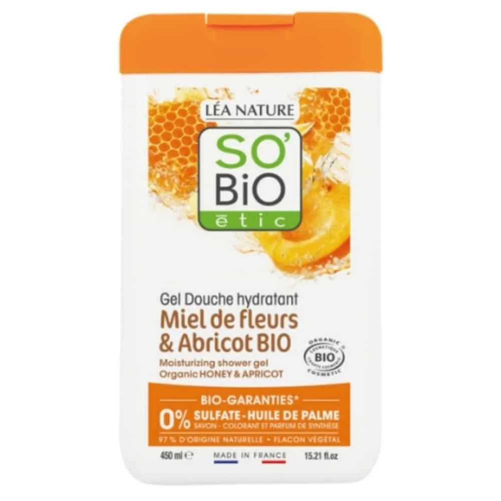 so-bio-gel-douche-hydratant-miel-de-fleurs-et-abricot-bio-450ml.jpg Flacon blanc et orange So'Bio étic Gel Douche Miel Fleurs Abricot, 450 ml