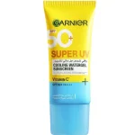 Tube jaune et bleu Garnier Super UV Cooling Watergel SPF 50+ vitamine C