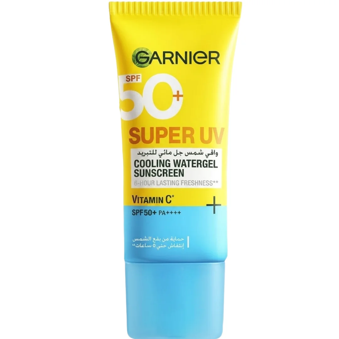 Garnier-Super-Uv-Cooling-Watergel-spf50-60ml.png Tube jaune et bleu Garnier Super UV Cooling Watergel SPF 50+ vitamine C